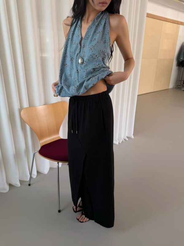 不收邊開衩棉質長裙 