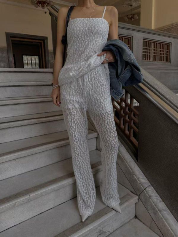 全蕾絲細肩短洋裝/半透膚蕾絲長褲 