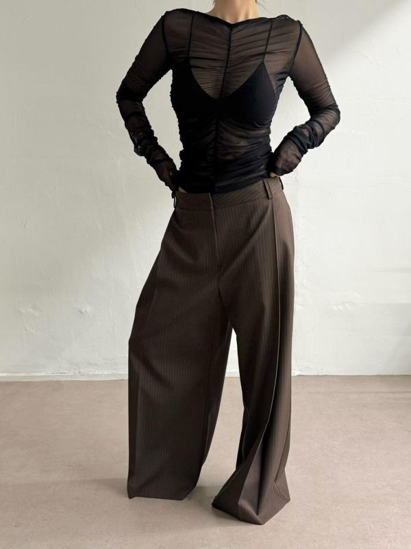 歐美直條紋西裝寬褲 