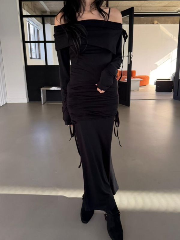 翻領露肩上衣+皺褶顯瘦長裙Set 