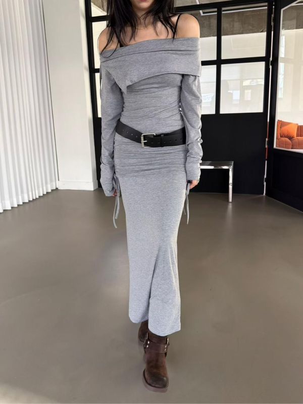 翻領露肩上衣+皺褶顯瘦長裙Set 