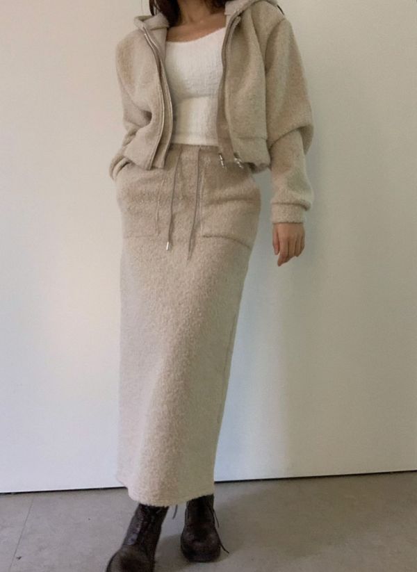 假兩件羊羔毛外套/後開衩羊羔毛長裙 