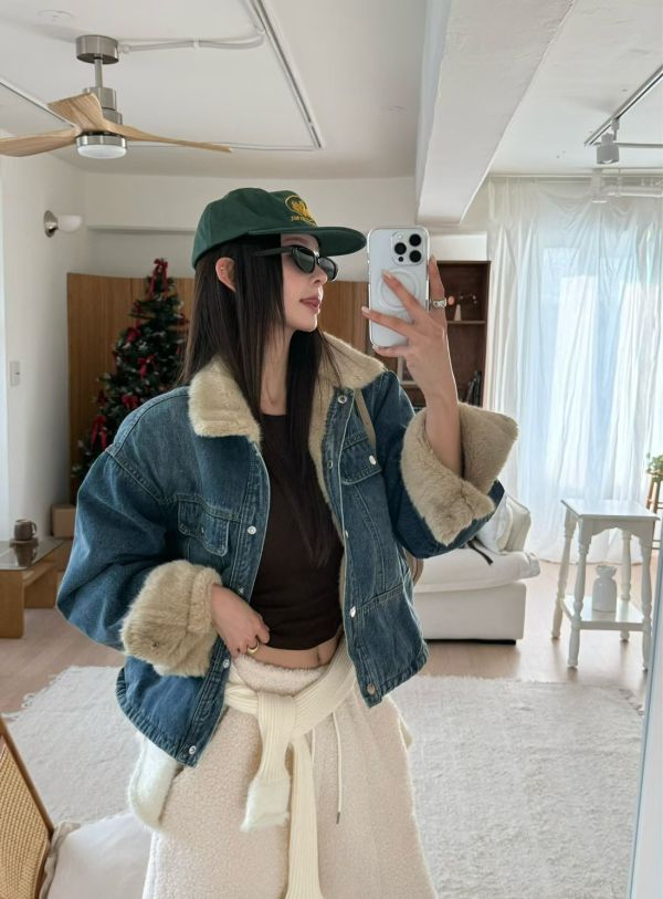 毛絨翻領牛仔外套 