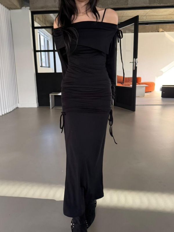 翻領露肩上衣+皺褶顯瘦長裙Set 