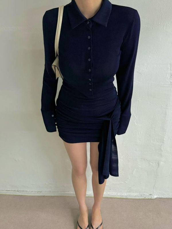 POLO領綁帶抓皺洋裝 