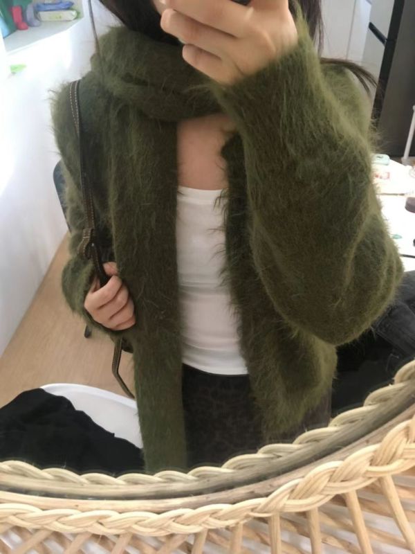 毛絨針織寬鬆脖繩外套 