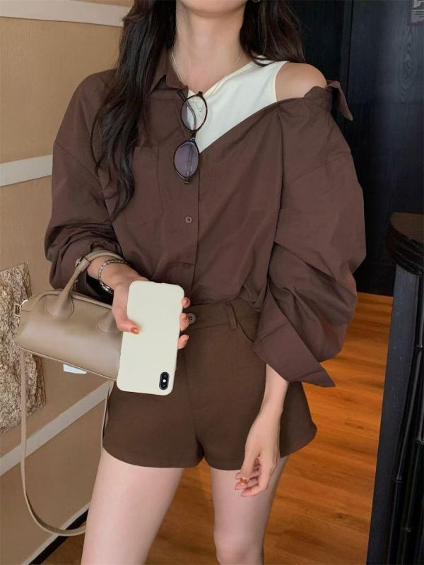 拼接露肩長袖襯衫 