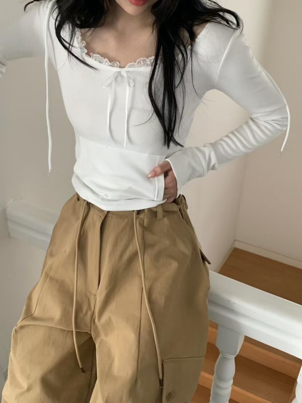 連帽蕾絲綁帶蝴蝶結長袖上衣 