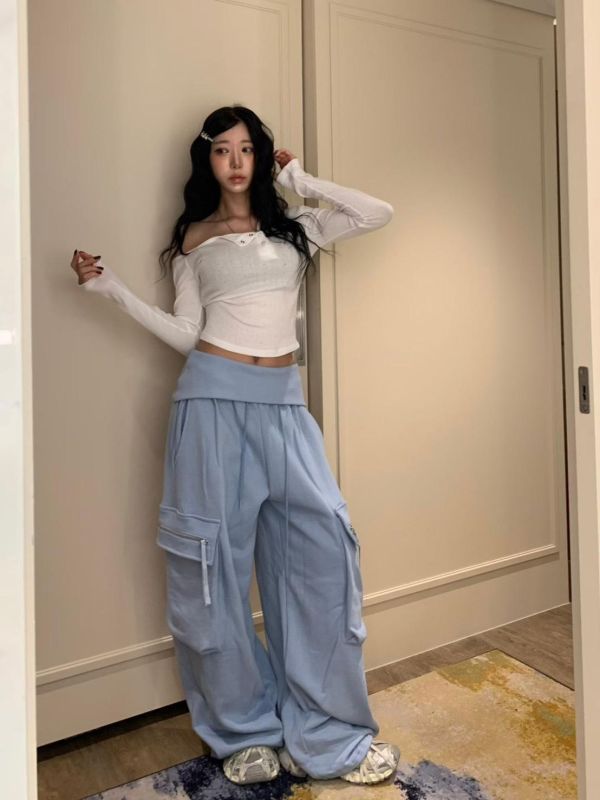 反摺褲頭薄毛巾工裝兩穿縮腳棉長褲 