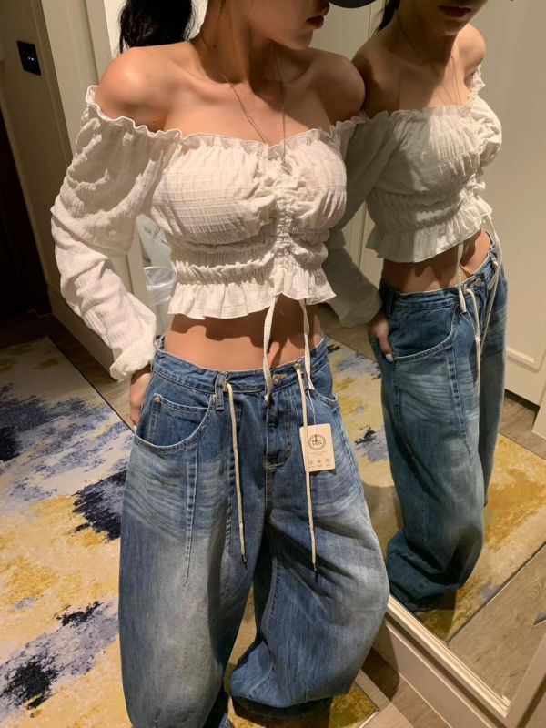 中間抽繩一字領上衣 