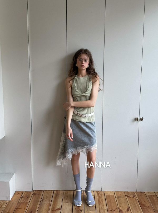 鬆緊腰下擺蕾絲拼接裙 