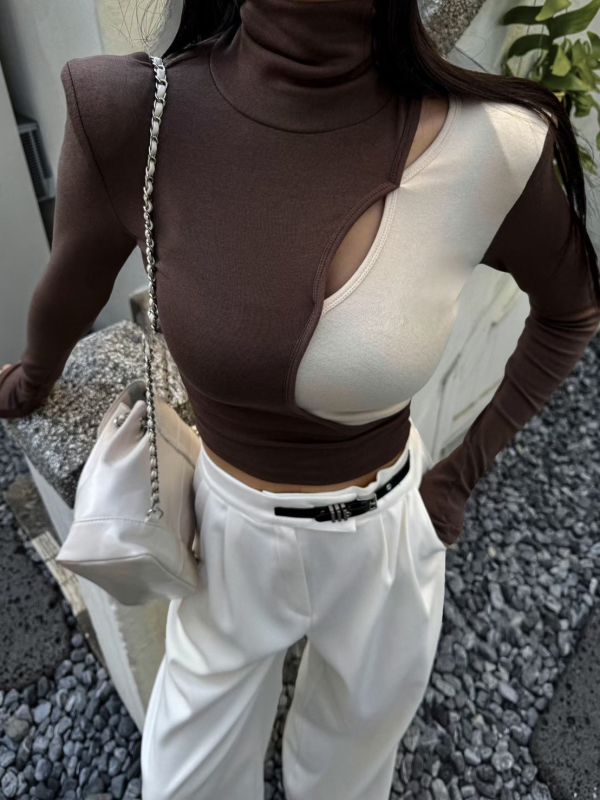 高領縷空拚色上衣 