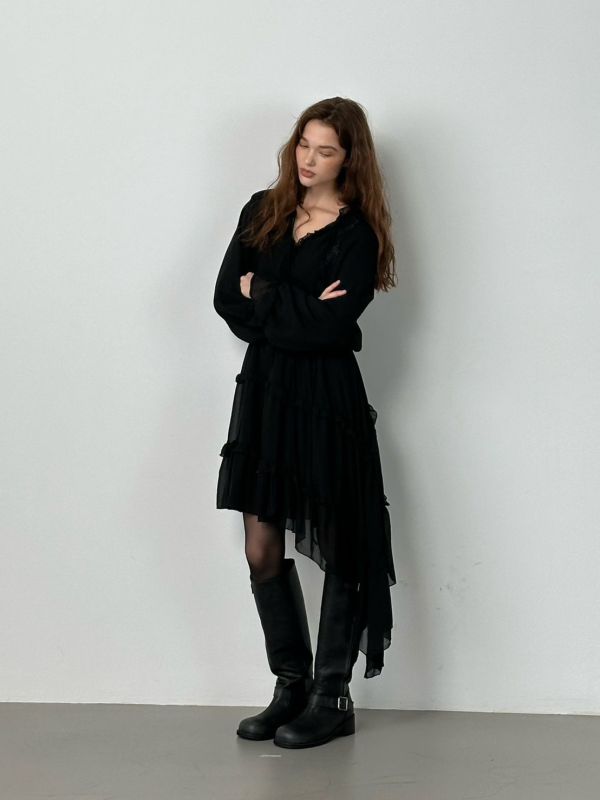 花邊斜邊襯衫洋裝 