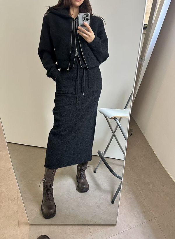 假兩件羊羔毛外套/後開衩羊羔毛長裙 