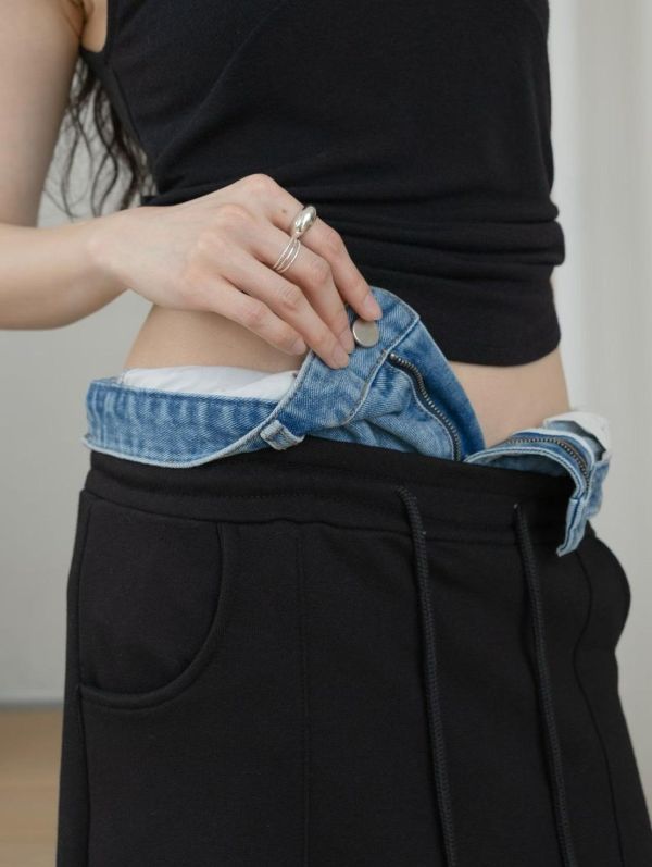 牛仔拼接抽繩棉質長裙 