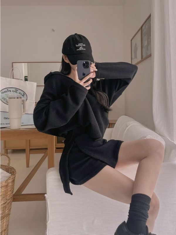 連帽下擺圓弧上衣+假兩件短褲裙Set 