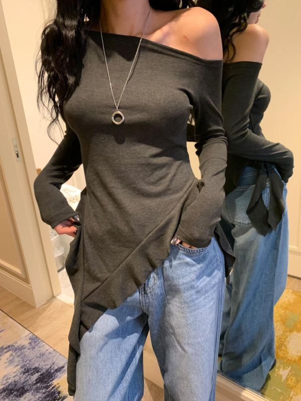 斜肩荷葉下擺彈力造型長T 