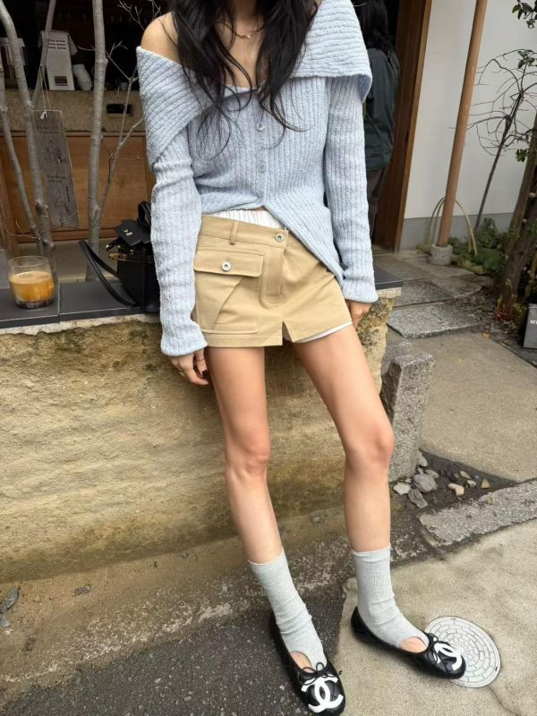 腰拼色兩扣單口袋褲裙 