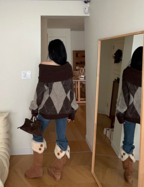 羊毛20%菱紋慵懶平口堆堆毛衣洋裝 