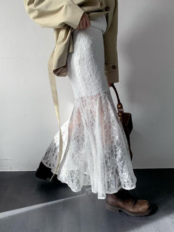 古董蕾絲花透膚魚尾裙 