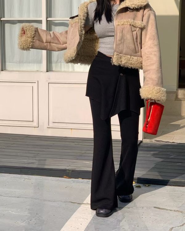 壓扣裙擺針織棉刷毛褲(裙襬可拆) 