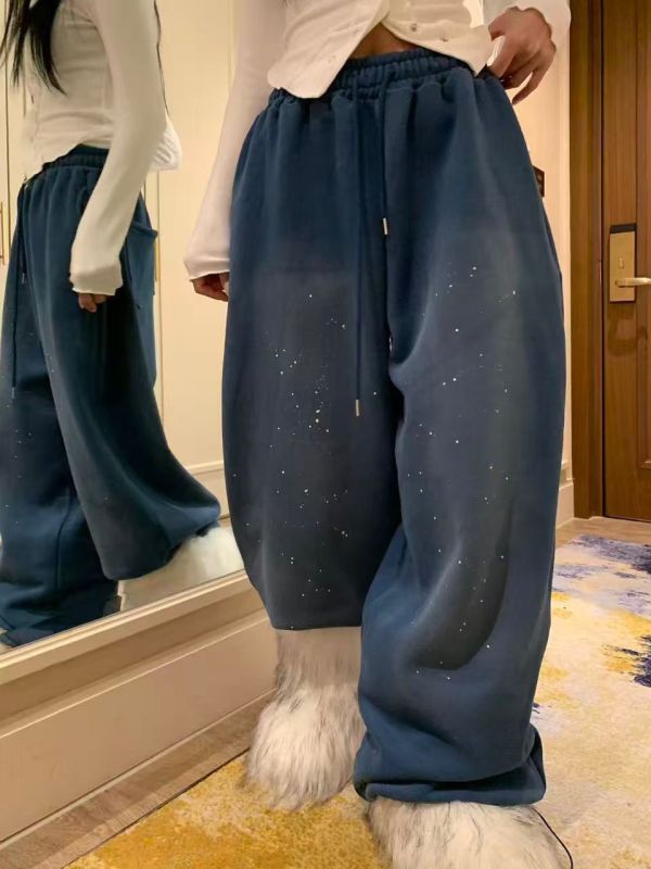 磨白油漆寬鬆抽繩加絨休閒褲 