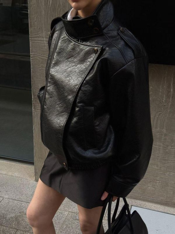 立領兩扣皮外套 