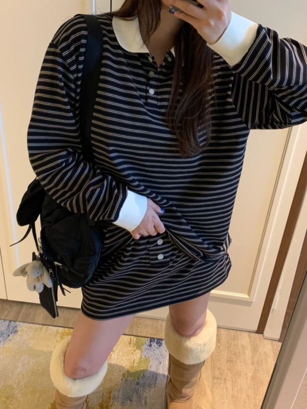 拼色細條紋POLO上衣/鈕扣條紋短裙 