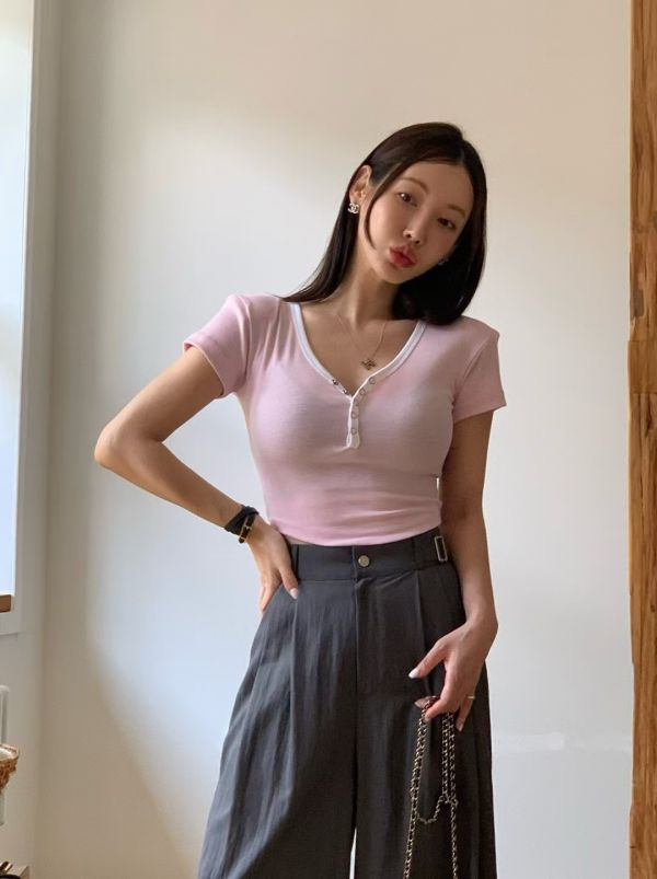 顯瘦v領拼色上衣 