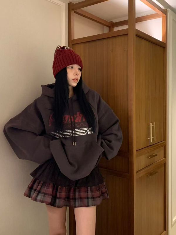 鬆緊腰格紋拼接短裙 