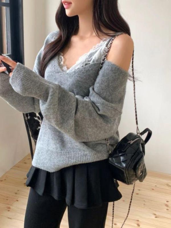 V領針織衫+蕾絲背心Set 