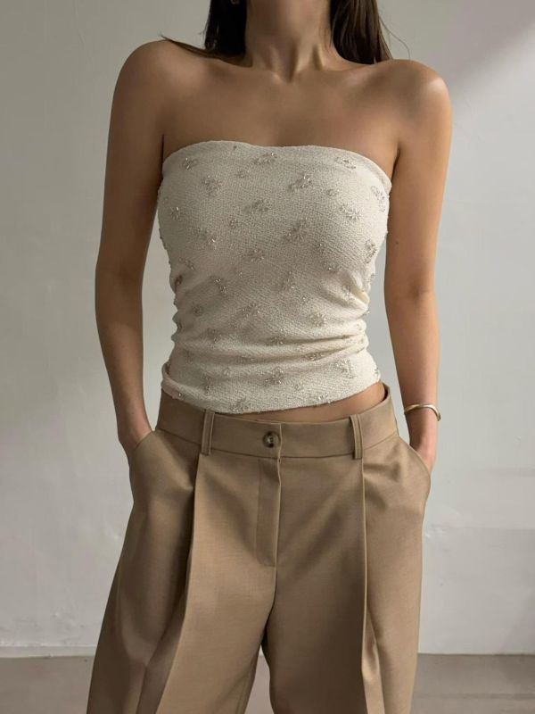 手工串珠側邊抓皺平口背心 