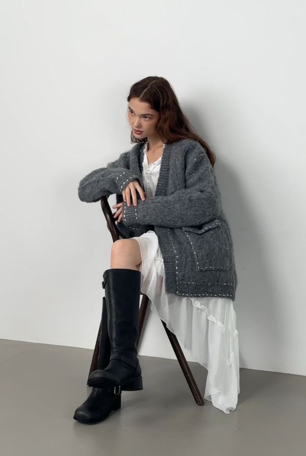 花邊斜邊襯衫洋裝 