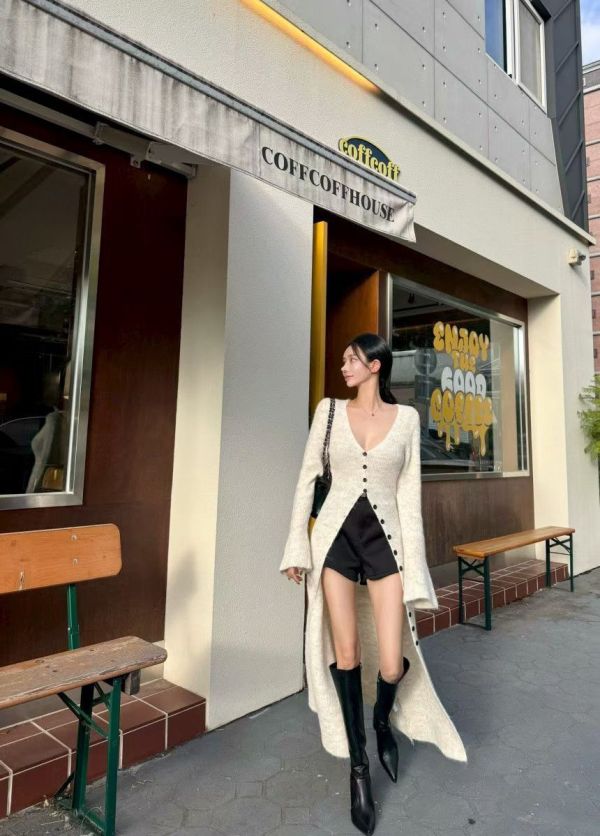 V領排釦開衩針織洋裝 