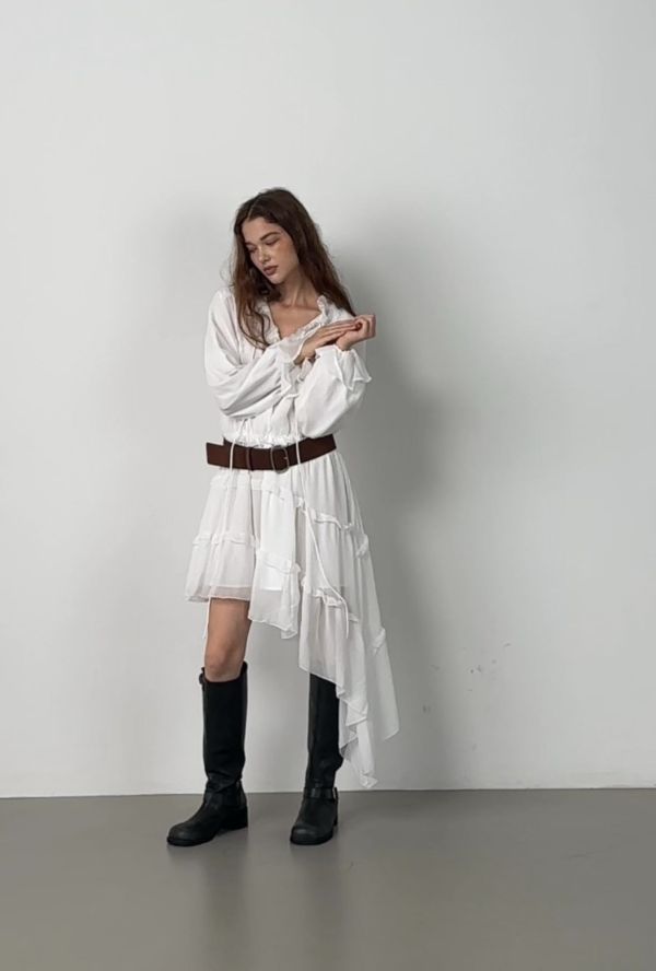 花邊斜邊襯衫洋裝 