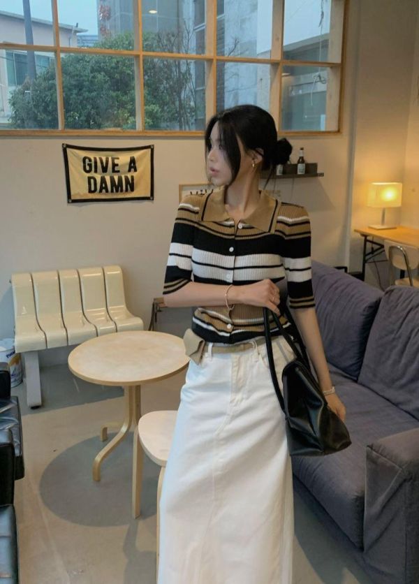 五分袖條紋針織POLO衫 