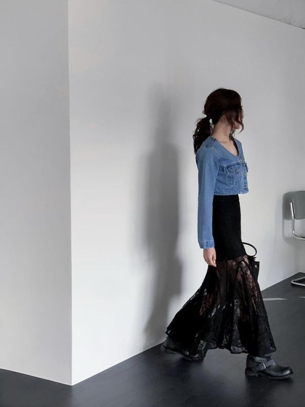 古董蕾絲花透膚魚尾裙 