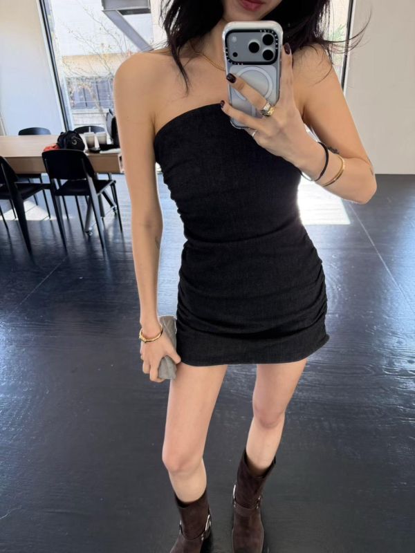 牛仔抓摺平口短洋裝 