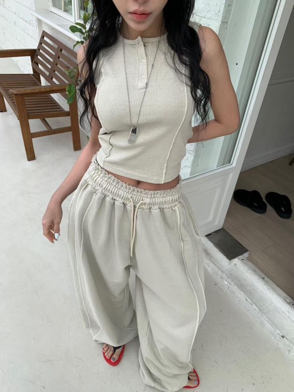 洗色外縫線壓扣背心/洗色外縫線薄毛巾棉長褲 