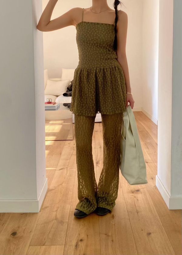 全蕾絲細肩短洋裝/半透膚蕾絲長褲 