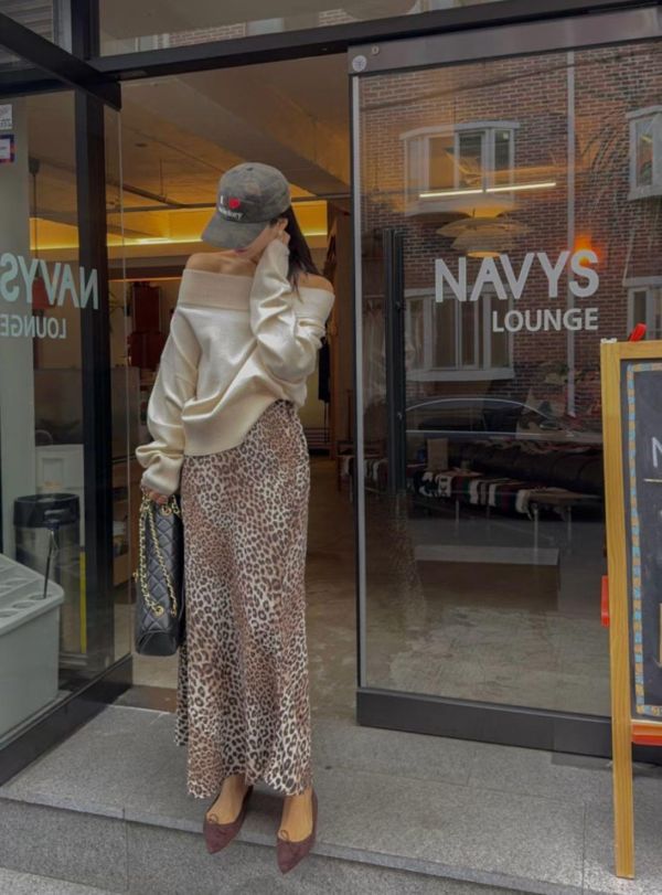 後鬆緊腰豹紋長裙 