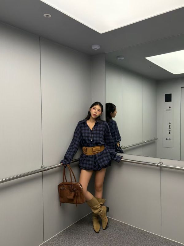 休閒格子襯衫+花苞短褲Set 