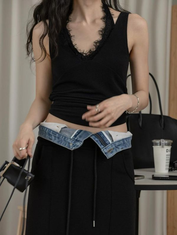 繞脖蕾絲假兩件背心 