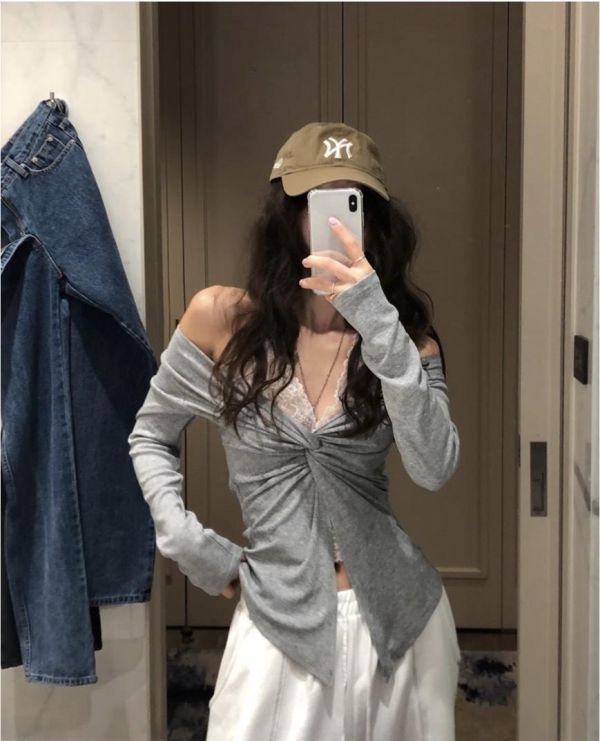 蕾絲假兩件性感上衣 