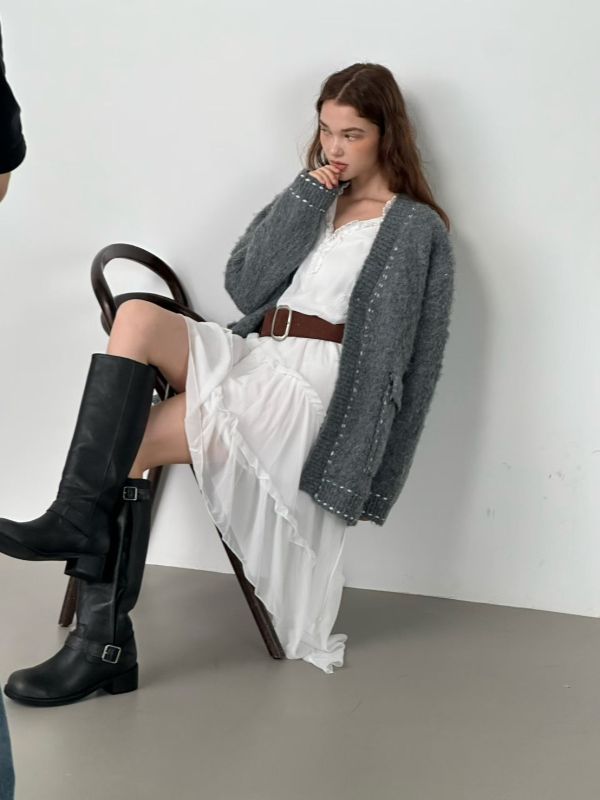 花邊斜邊襯衫洋裝 