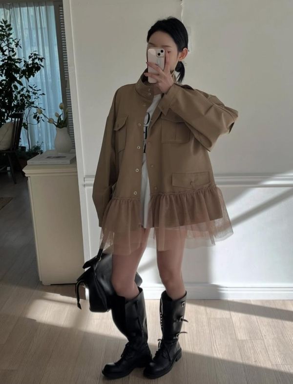 下擺網紗拼接立領風衣外套 