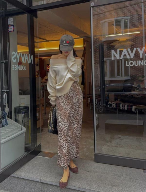 後鬆緊腰豹紋長裙 