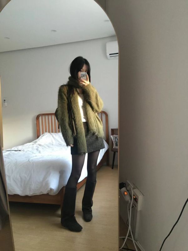 毛絨針織寬鬆脖繩外套 