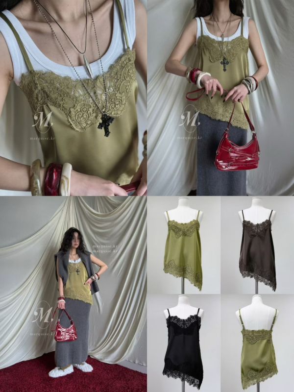 下斜邊拼蕾絲細肩背心 