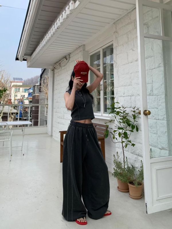 洗色外縫線壓扣背心/洗色外縫線薄毛巾棉長褲 